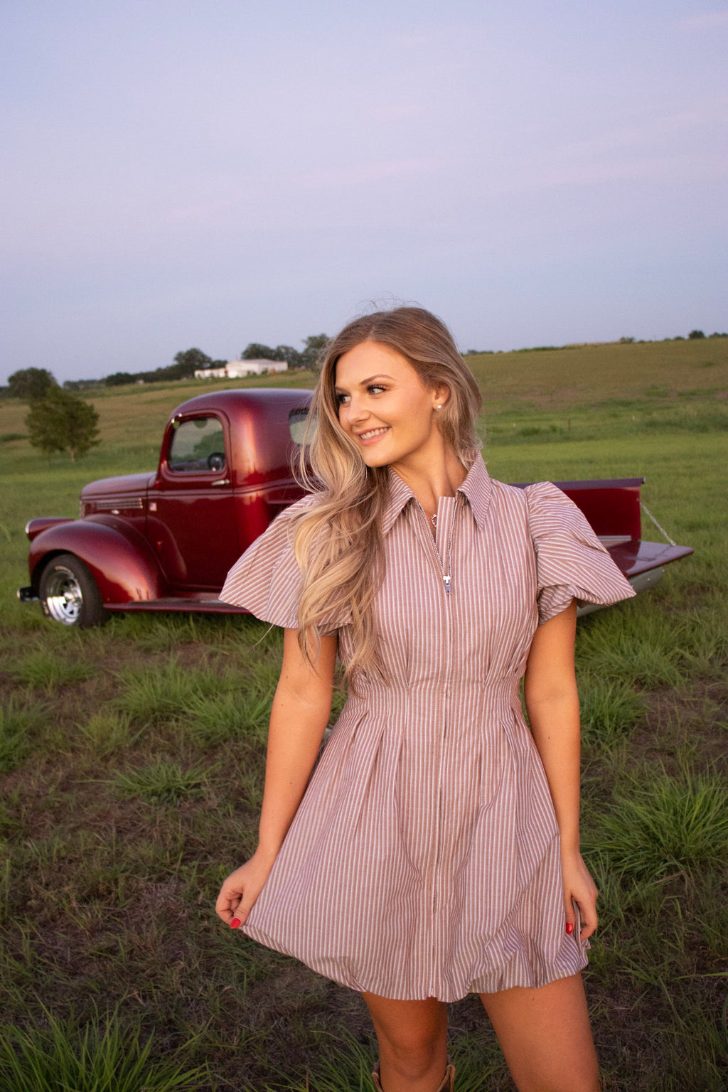 Astrid Brown Striped Pleated Bubble Dress