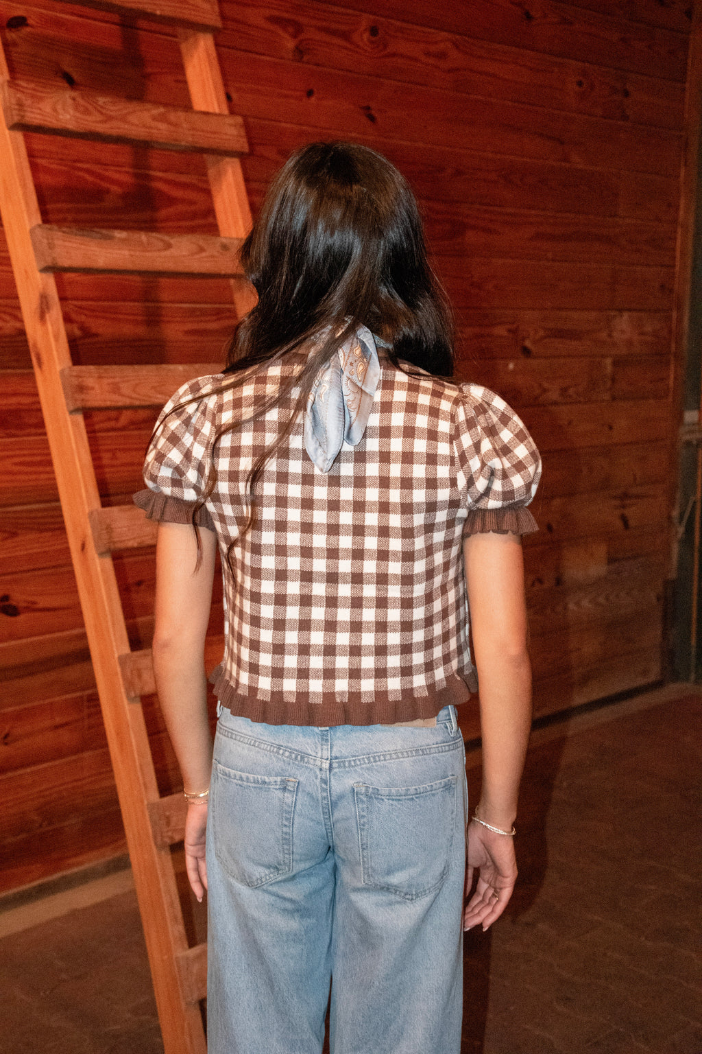 Brown Gingham Sweater Top