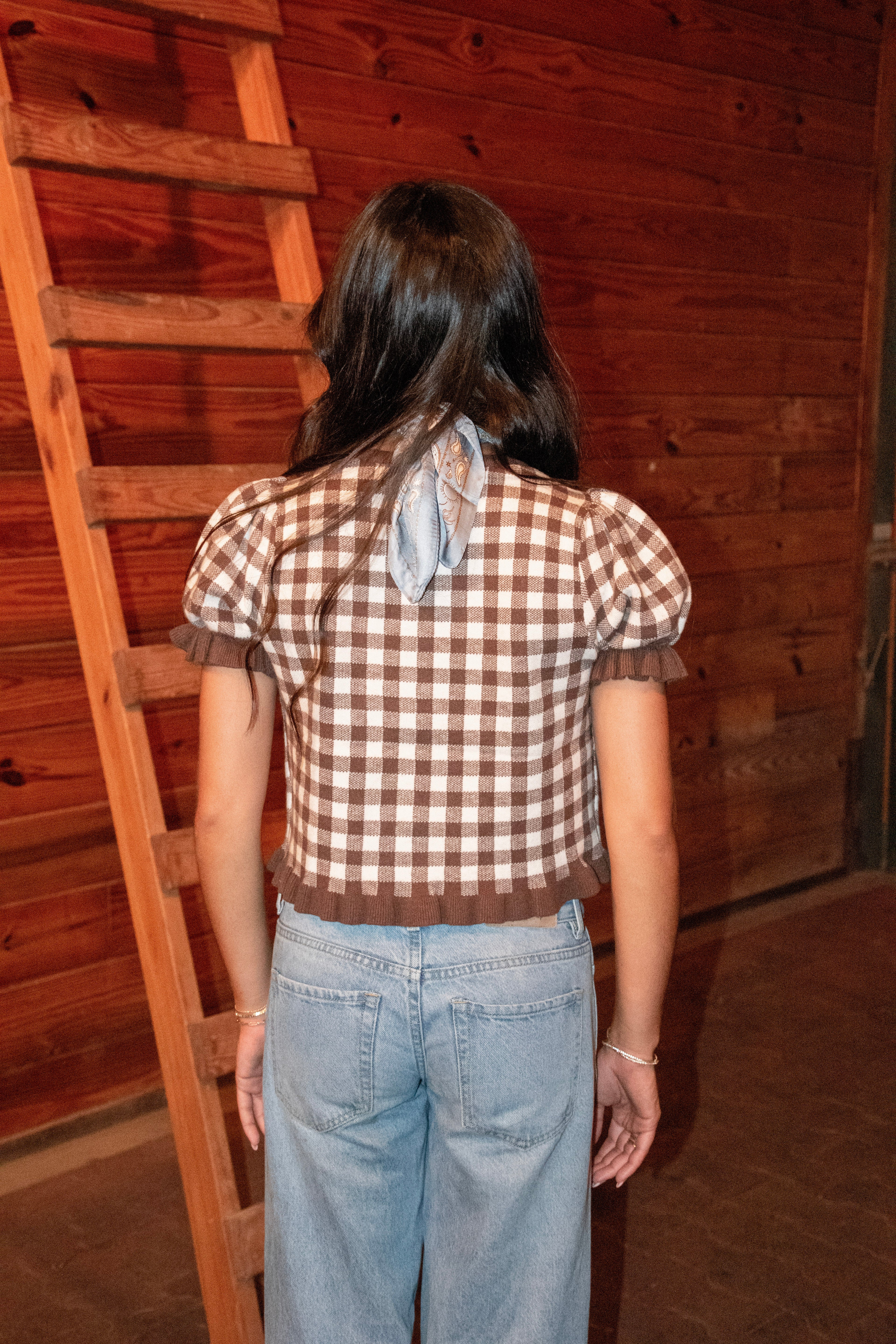 Brown Gingham Sweater Top