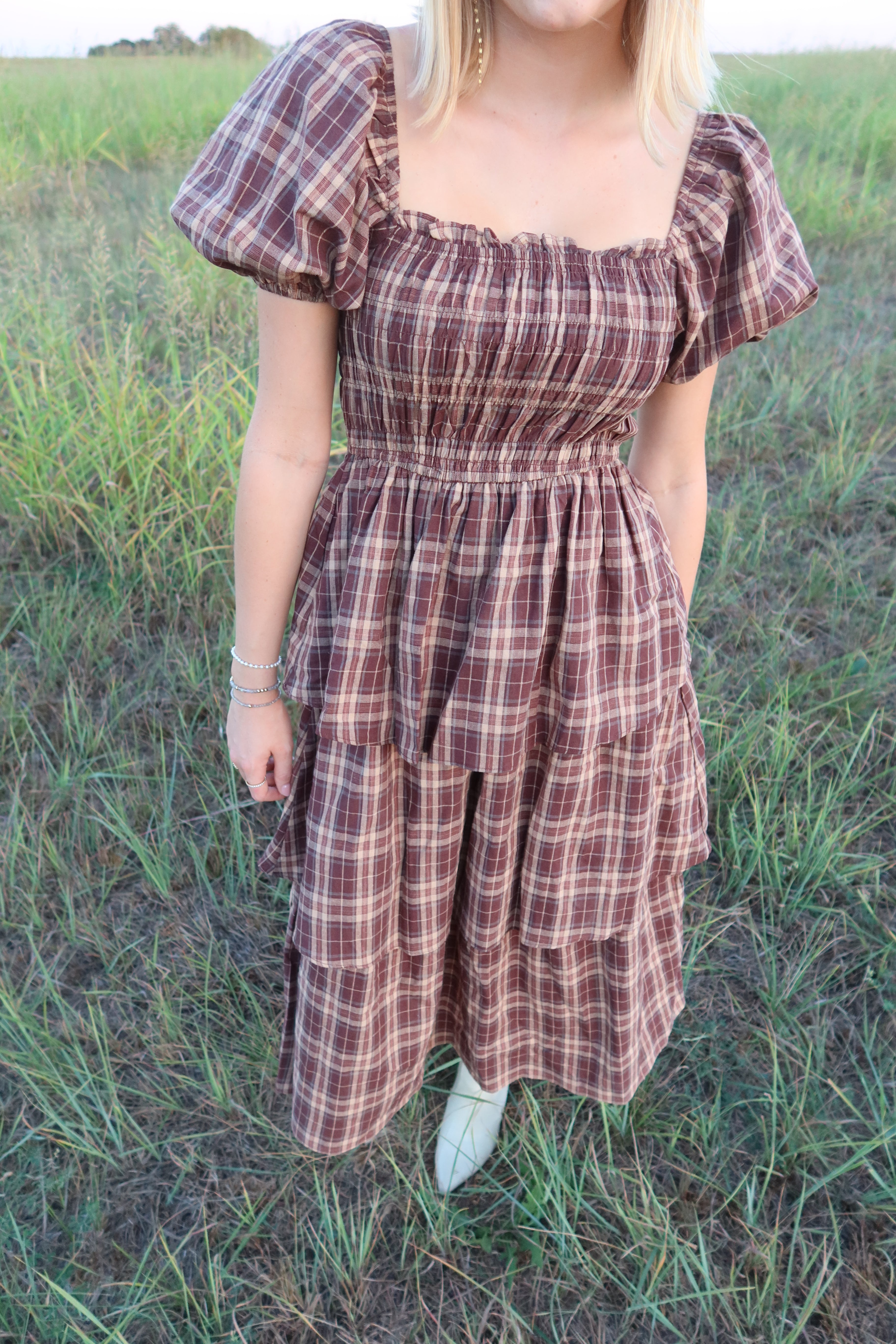brown plaid maxi dress Lindah Smocked Plaid Maxi Dress VICI