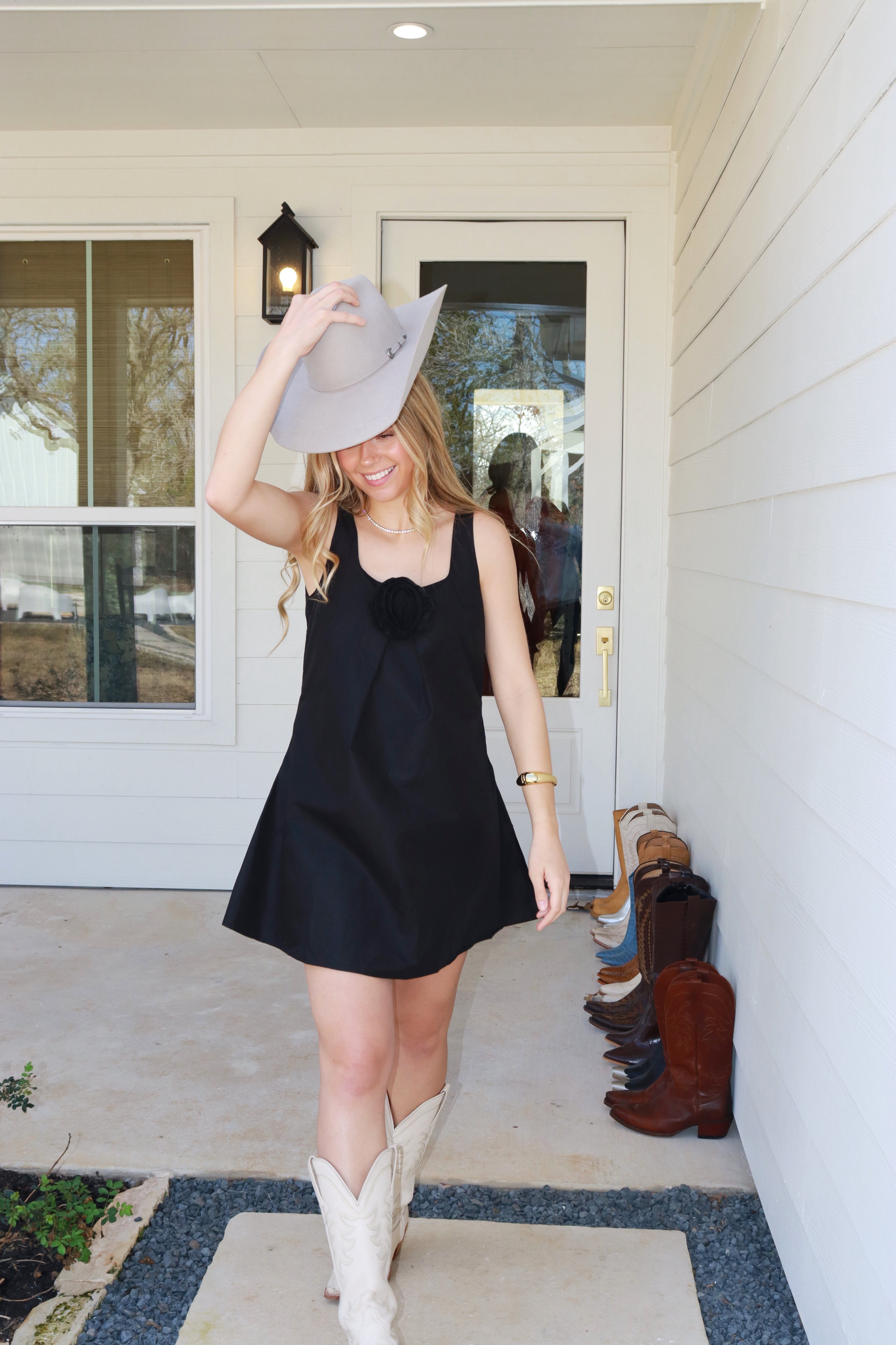 Wells Black Rosette Mini Dress