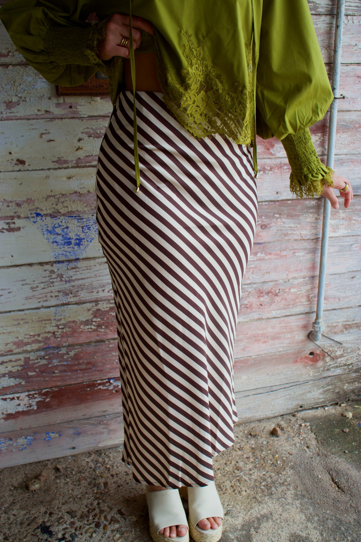 Brown Stripe Satin Midi Skirt
